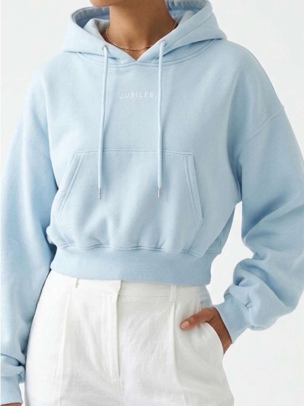 JUBILEE Oversized Cropped Fleece Hoodie Light Blue Heavyweight Cinched Waist L